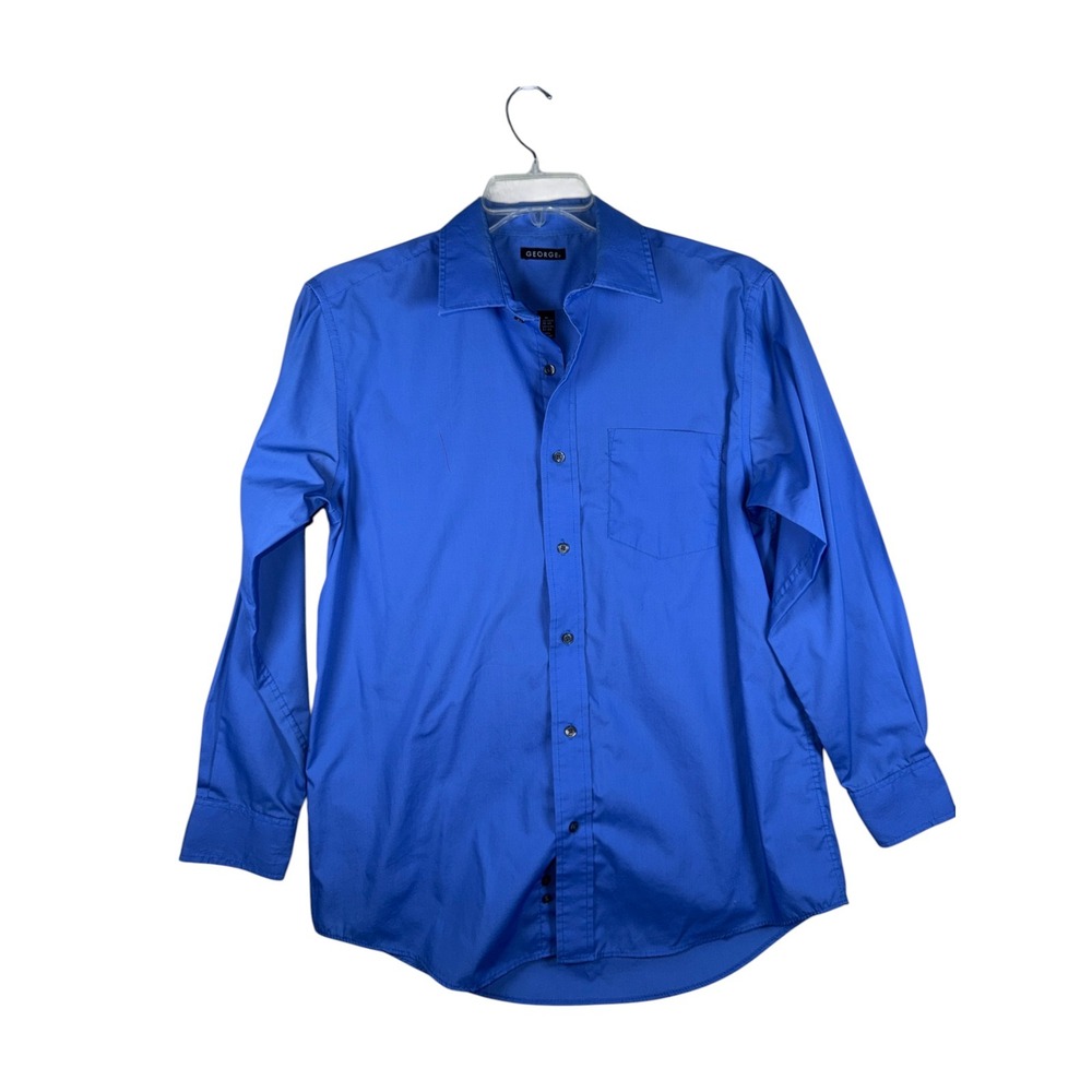 George Mens Button Down‎ Shirt Blue Long Sleeve Solid Dress Shirt Medium 38-40